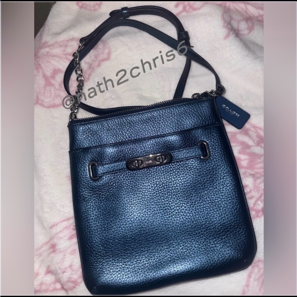 COACH Swingpack Metallic Blue Pebble Leather CrossBody Bag EUC - Picture 4 of 14